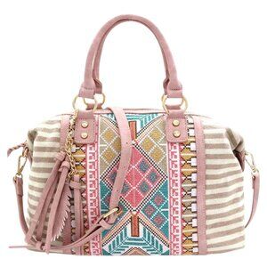 NWT Boho Tassel Leaf Charm Aztec & Stripe Embroidered Canvas Satchel Tote Purse